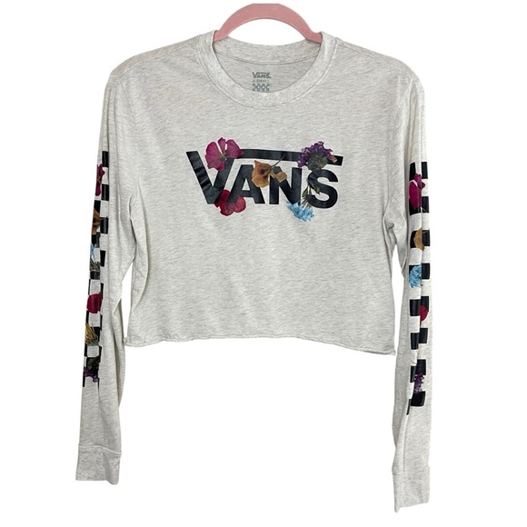 VANS Cropped Graphic Logo Tee Floral Checkered Print Long Sleeve, XS - Picture 1 of 7